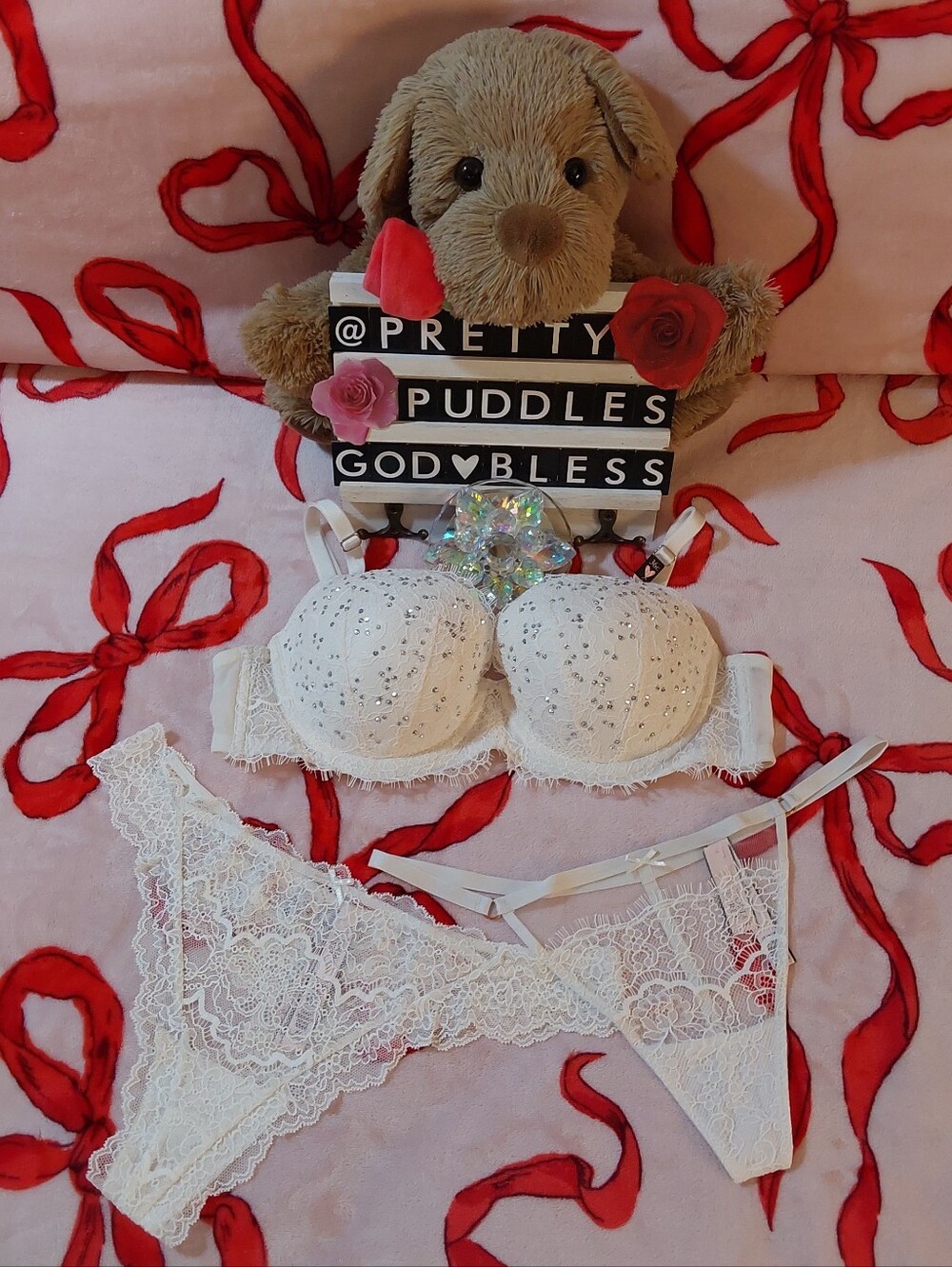 🩵 3pc VS Dream Angels Lace Embellished Coconut White Bra, Thong & V-String 🩵